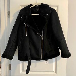 Topshop Black Oversized Medium Jacket Faux Fur Zippers Bikercore